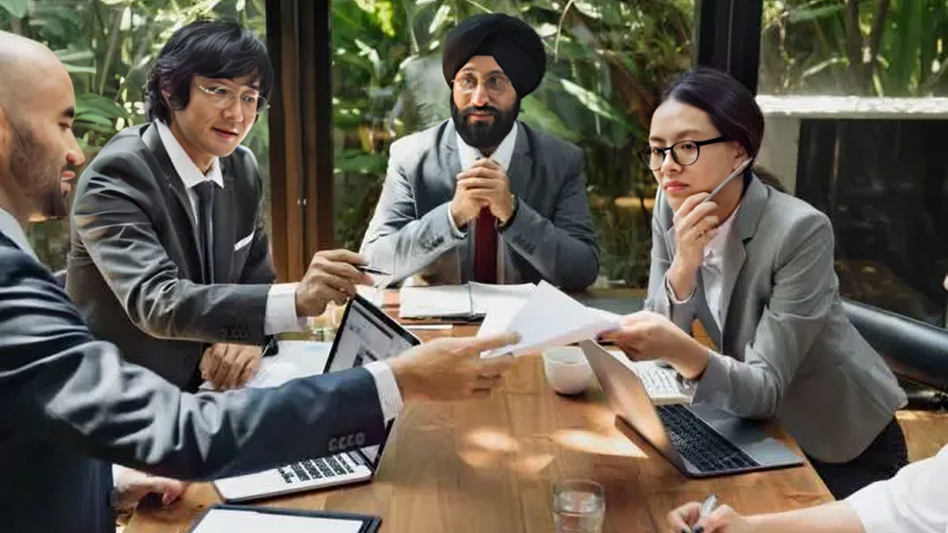 Business meeting with diverse team discussing documents.