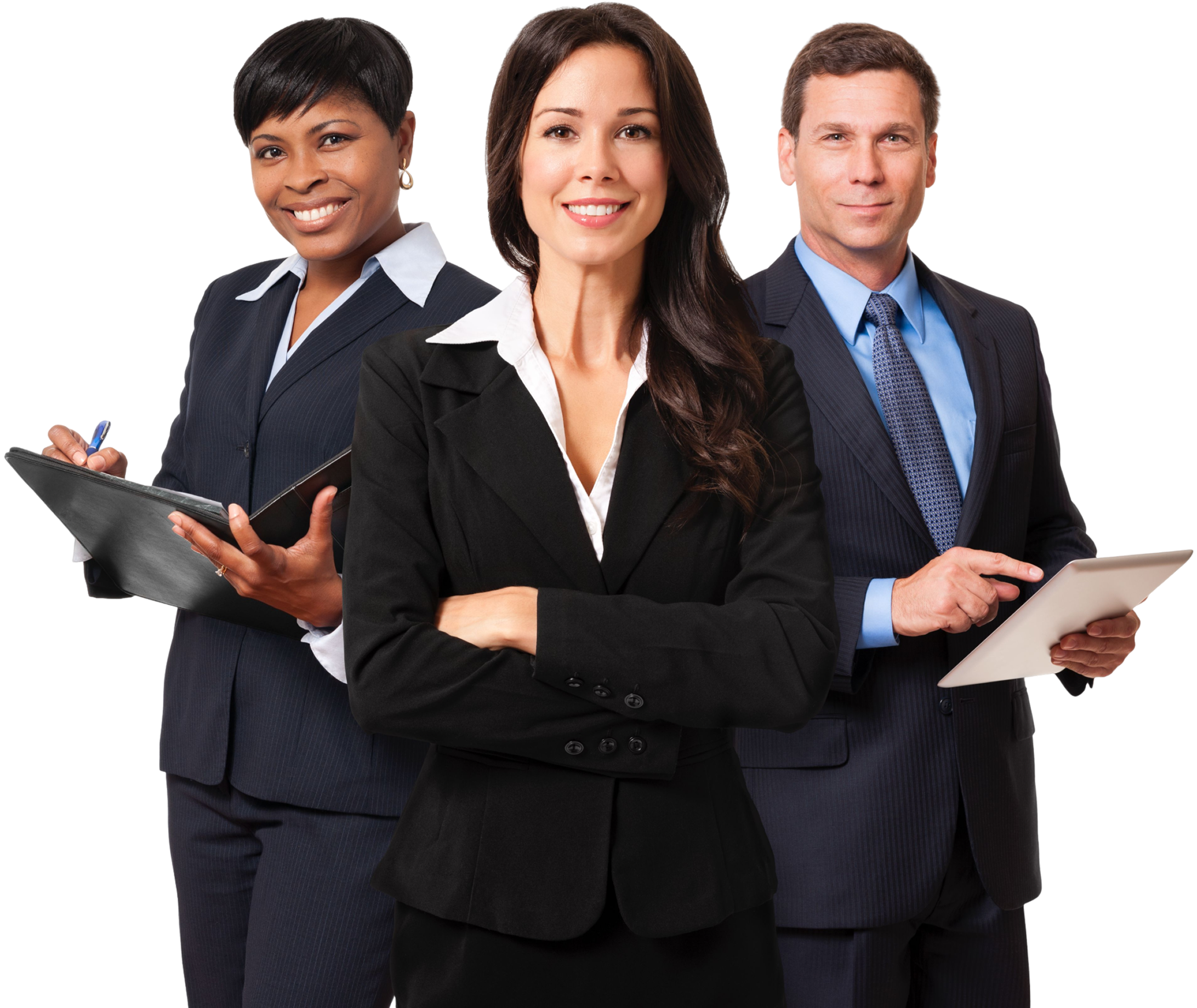Three professionals posing in business attire.