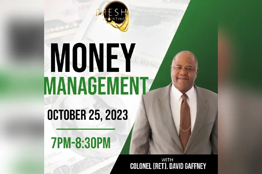 Money management event flyer with speaker's photo.